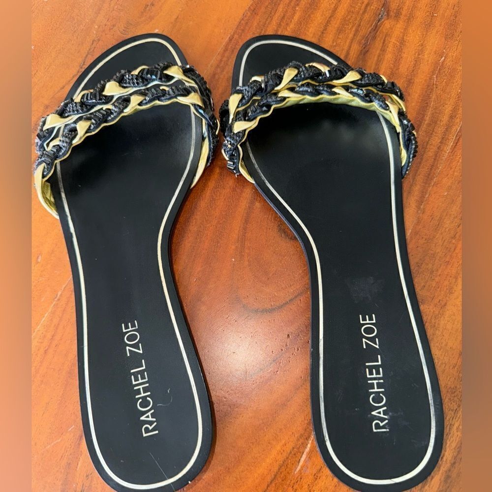 Rachael Zoe  tongs slides woven black and gold  with toe hold